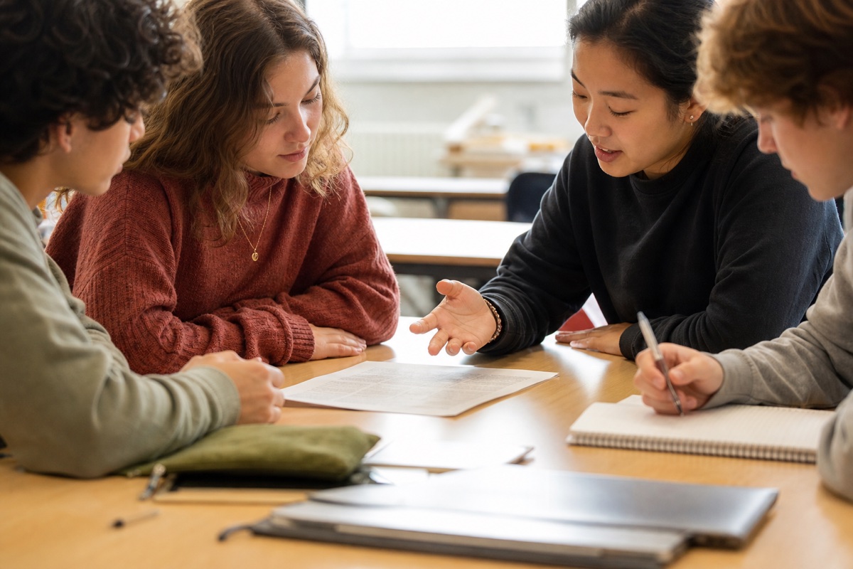 High school students collaborating around a shared text.